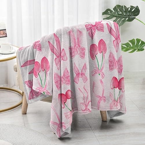Reateforin Pink Cherry Bow Throw Blanket Back to School Decorations Soft Dorm Room Essentials Gifts for Students Girls Boys Lightweight Coquette Bow Cherry Aesthetic Blanket for Couch Sofa Bed 50"x60" thumbnail 6