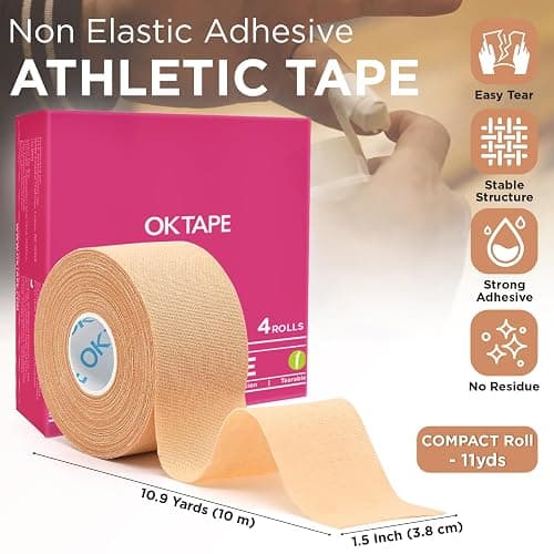 OK TAPE 4 Rolls Athletic Tape, Sports Tape for Injuries, Rigid, Easy Tear Medical Tape, Wrist Tape, No Sticky Residue | Secure Ankle, Finger, Knee- 1.5inch x 11yards (Beige) thumbnail 2