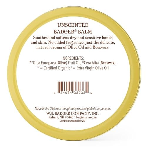 Badger Balm Unscented, 100% Organic Olive Oil & Beeswax, Fragrance Free Hand Cream, Long Lasting Sensitive Skin Moisturizer, 2 oz Tin thumbnail 2