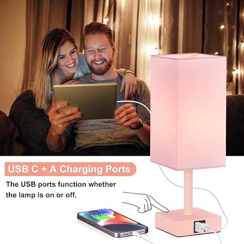 Ambimall Touch Control Table Lamp with USB A+C Charging Ports - 3 Way Touch Lamps Bedside, Nightstand Lamp for Bedrooms, LED Bulb Included(Pink Shade & Pink Base) thumbnail 3