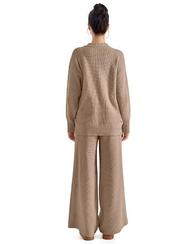 SUUKSESS Women 2 piece Fall outfits Long Sleeve Oversized Matching Lounge Set Waffle Knit Polo Sweater sets (Khaki,M) thumbnail 4