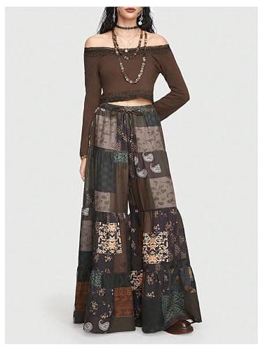 Verdusa Women's Hippie Ruffle Flowy Wide Leg Pants Elastic Waist Vintage Loose Palazzo Pants thumbnail 6