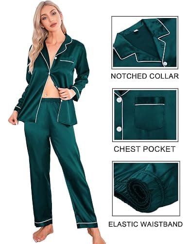 SWOMOG Women Satin Pajamas 4pcs Pajama Set Sexy Cami Shorts Set and Button Down Long Sleeve Pjs Loungewear Sleepwear thumbnail 3