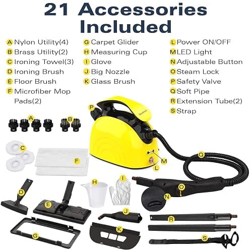Steam Cleaner Handheld, Steamer Cleaning, Portable Steam Cleaner with 21 Accessories and Safety Lock, 500ml Large Capacity, Multi-Purpose Steam Cleaner for Kitchen, Bathroom, Car, Grease（Yellow） thumbnail 6