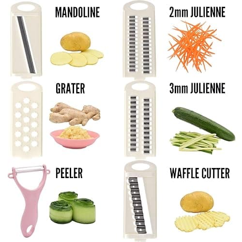 NACOLUS Mandoline Slicer for Kitchen Slicer Vegetable Cutter 5 In 1 Veggie Slicer Potato Slicer waffle fry cutter Hot Swap Mandolin with Peeler for Vegetables Carrot Shredder Cucumber Slicer - Pink thumbnail 5
