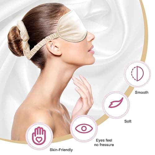 Sleep Masks Silk Sleep Eye Mask Travel Set Soft Sleeping Eye Mask with Hair Scrunchie Head Band and Travel Pouch for Girls Ladies 4 Pcs Apricot thumbnail 4