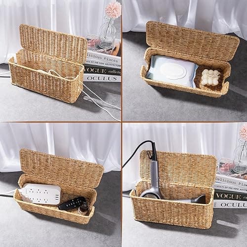 Cable Management Box, Handmade Rattan Cable Organizer, 2 Open Slots Cords Hider Box, Under Desk Cord Organizer for Computer Router USB Hub & Power Strip, Patent Pending, 13" x 5.1" x 5.1", Natural thumbnail 6