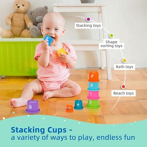 TOOKYLAND Montessori Toys for 1 Year Old, 8 in 1 Learning Educational Set Wooden Toys (Includes Stacking Cups, 3-in-1 Educational Box, Pound Bench, Shape Puzzle and More) thumbnail 3