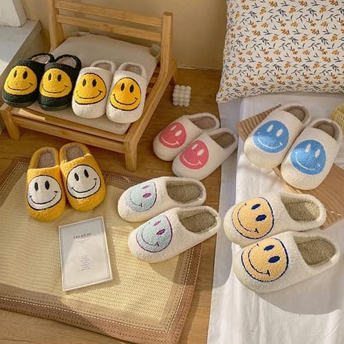 Bevaney Smile Face Slippers for Women - Soft Plush Retro Preppy Slip-on Comfortable Indoor/Outdoor Shoes thumbnail 3