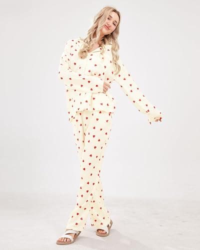 codcm Womens Pajama Sets Cotton Pj Set Cute Heart Print Long Sleeve Button Down Shirt With Long Pants thumbnail 4