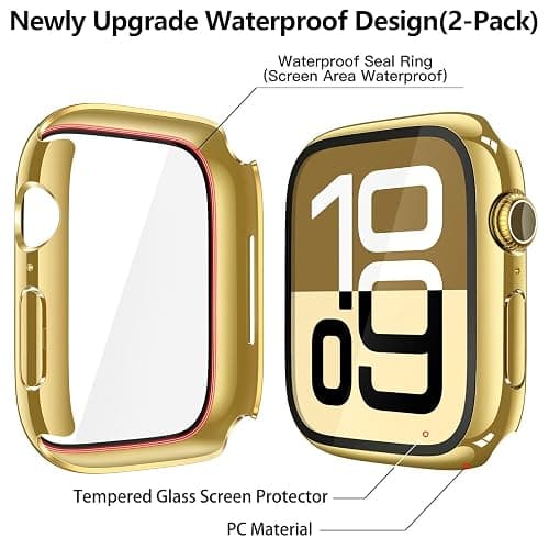 Misxi [2 Pack] Waterproof Hard Case with Tempered Glass Compatible with Apple Watch Series 11 (2025) Series 10 42mm, Overall Protective Cover for iWatch Screen Protector, 1 Gold + 1 Transparent thumbnail 5