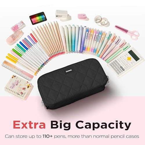 Sooez Large Pencil Case Pouch, Extra Big Pencil Bag with 8 Compartments, Pen Bag Wide Opening, Soft Quilted Pencil Pouch Organizer with Zipper, Portable Pencil Case for Teen Girls, Black thumbnail 4