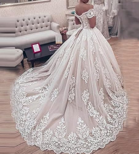 Off Shoulder Lace Appliques Wedding Dresses for Bride Vintage Princess Ball Gown - 2 - White thumbnail 3
