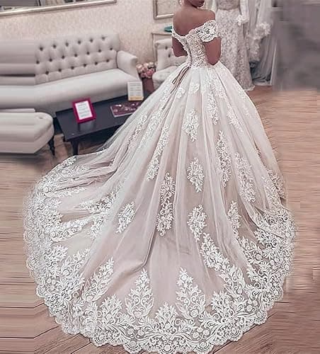 Off Shoulder Lace Appliques Wedding Dresses for Bride Vintage Princess Ball Gown - 2 - White thumbnail 3