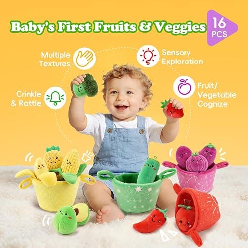 SAIMAND Baby Toys 6-12 Months,16PCS Montessori Plush Sensory Play Food Gift | Color Sorting Fruit & Vegetable Sensory Toys for Babies, Soft Play Food with Crinkle & Rattle,Gifts for 1-Year-Old Boys&Girls thumbnail 3
