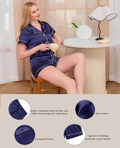 4Pcs Womens Satin Silky Pajama Sets Short Sleeve Shirt XS-4XL Floral Pajamas Set Soft PJ Loungewear Sleepwear thumbnail 4