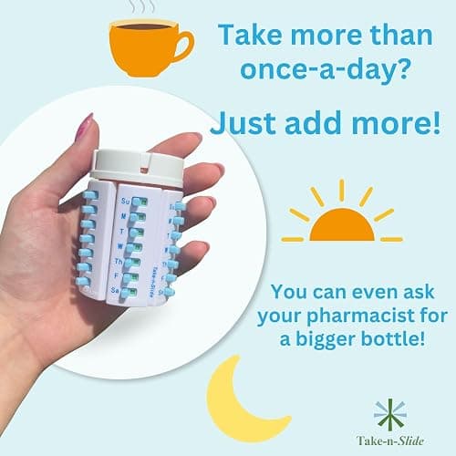 TAKE-N-SLIDE Peel and Stick Reusable for 12 + Refills, Pill/Medication/Vitamin/Pet Med Tracker & Reminder, Attach to Your Bottle, Organizer-Free, Curved‑Back (White, 5-Pack) thumbnail 8