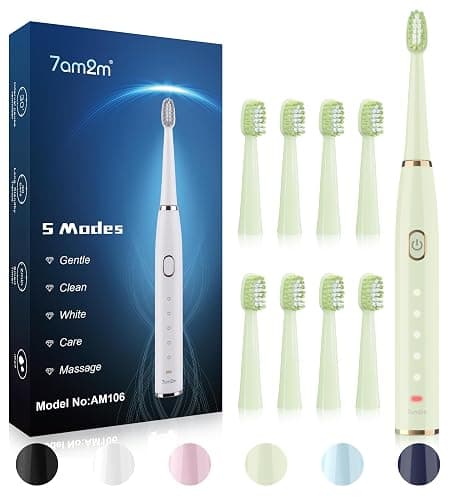 7AM2M Sonic Electric Toothbrush for Adults and Kids- High Power Rechargeable Toothbrushes with 8 Brush Heads,5 Adjustable Modes, Built-in 2-Minute Smart Timer,4 Hours Fast Charge for 30 DaysGreen - Image 1