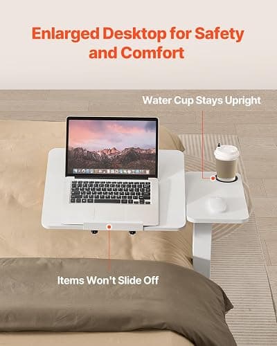 VEVOR Overbed Table, Mobile Bed Side Table with Flip Desktop and 4 Hidden Wheels, Height & Angle Adjustable Rolling Laptop Desk with Cup Holder, Portable Over Bed Desk for Home, Office, Study, White thumbnail 5