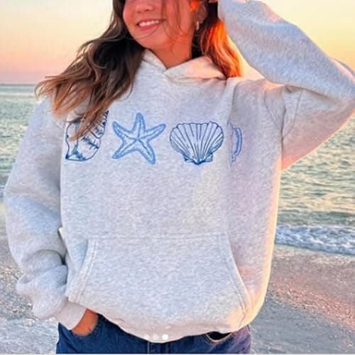 Cute Hoodies for Teen Girls Y2k Seashell Graphic Beach Oversized Sweatshirt | Women Embroidered Ocean Print Baggy Jacket Coastal Aesthetic Clothes Streetwear thumbnail 2