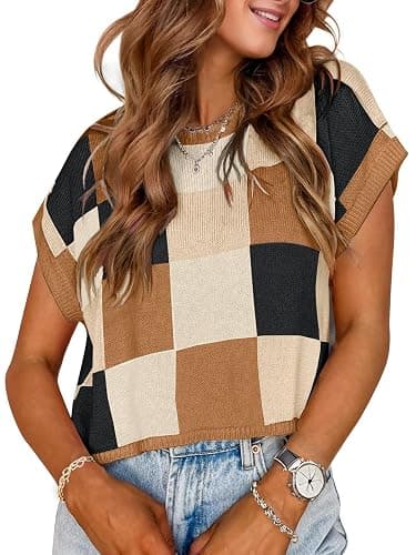 Womens Cute Summer Tops 2026 Short Cap Sleeve Sweater Color Block Trendy Crop Top Knit Vest Checkered Work Shirts Outfits - Image 1