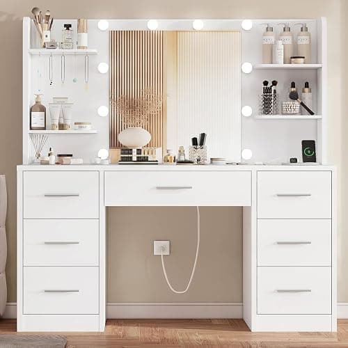 FIONESO Vanity Desk with LED Light Mirror & Power Outlet, 3 Adjustable Light Color, Makeup Vanity with 7 Drawers, 4 Shelves, 5 Jewel Hooks, White Vanity for Bedroom, Girls Vanity - Image 1