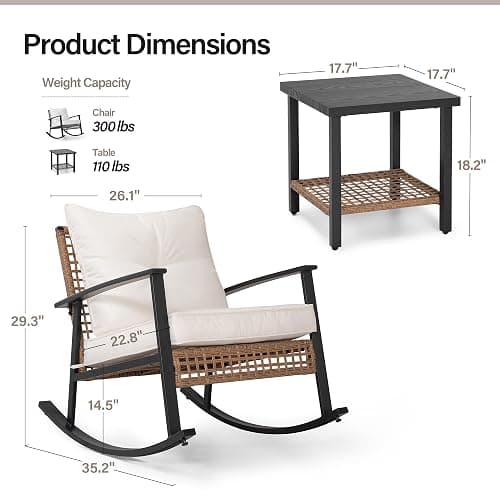 LAUSAINT HOME 3-Piece Rocking Bistro Set, Outdoor Patio Furniture with Thick Cushions and 2-Tier Coffee Table, Oversize Rattan Conversation Set for Garden, Balcony, Backyard (Beige) thumbnail 2