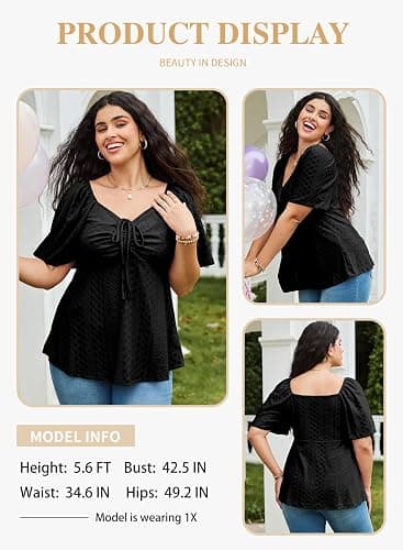 Eytino Womens Plus Size Tops Sweetheart Neck Short Sleeve Eyelet Embroidery Summer Loose Peplum Shirts(1X-5X) thumbnail 3