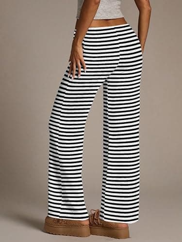 Luckydora Women's Flared Knit Pants High Waisted Wide Leg Striped Lounge Bottoms Soft Stretchy thumbnail 2