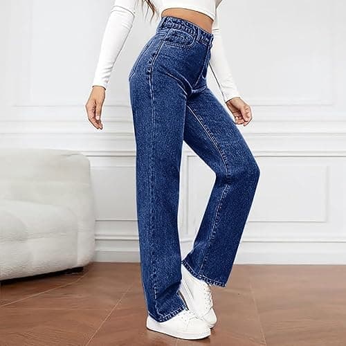 Straight Leg Jeans for Women High Waisted Stretch Denim Pants Fashion Baggy Trouser Wide Leg Jean Pants with Pockets thumbnail 3