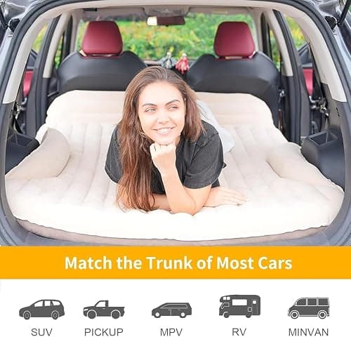 KMZ SUV Air Mattress Thickened and Double-Sided Flocking Travel Camping Bed with 2 Pillows & Electric Pump Dedicated Mobile Cushion Inflatable Bed for SUV Trunk and Rear Seat (Beige and Coffee) thumbnail 8