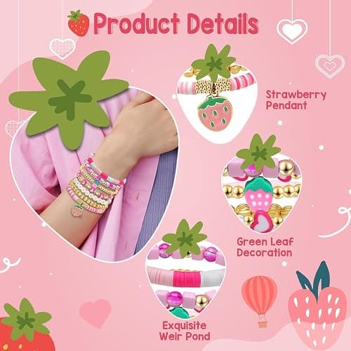 Artlunar Strawberry Charm Bracelet for Girls, Bracelets Stackable Beaded Stretch Bracelets Jewelry Gift for Girls, Teens, Best Friends Adjustable, Hypoallergenic thumbnail 2