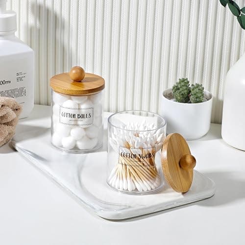 2 Pack Qtip Holder Dispenser with Bamboo Lids - 10 oz Clear Plastic Apothecary Jar Containers for Vanity Makeup Organizer Storage - Bathroom Accessories Set for Cotton Swab, Ball, Pads, Floss thumbnail 2