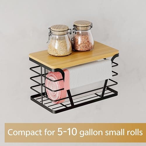 TIDIIABODE Small Grocery Bag Holder, Trash bag holder with Removable Bamboo Top, Wall Mount, No Drill, Stainless Steel, Black thumbnail 4