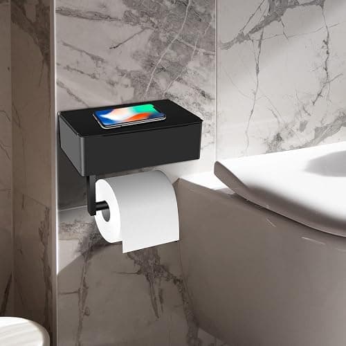 BOSOEI Toilet Paper Holder with Storage, Shelf of Bathroom Toilet Tissue Holder, Toilet Paper Roll Holder, Black Stainless Steel Wall Mount, No Installation & Flushable Wet Wipes Storage thumbnail 2