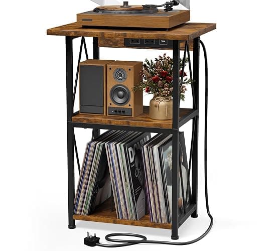 HFHOME 2025 Upgraded Extended Tabletop Record Player Stand with Charging Station, 3 Tier End Table with Vinyl Record Storage, Turntable Stand for Vinyl Player in Living Room Bedroom - Image 1
