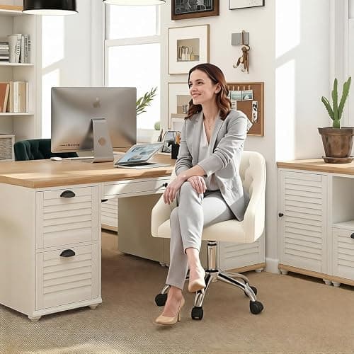 MOJAY Velvet Office Swivel Chair, Vanity Fabric Desk Pretty Fancy Gold Office Chairs for Girls, 360°Swivel Height Adjustable Reception Chair (White) thumbnail 2