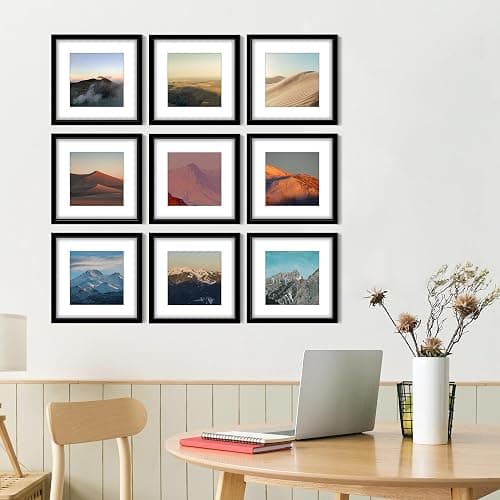 Wiscet 12x12 Picture Frame Set of 9, Gallery Wall Frame Set Display Pictures 8x8 with Mat or 12 x 12 Without Mat, Square Collage Picture Frames for Wall, Black thumbnail 2