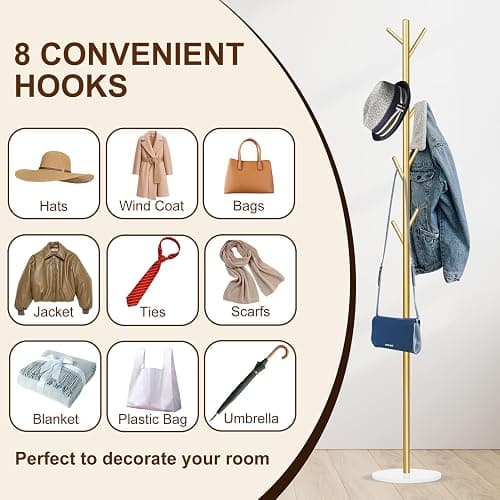 Wtiujhg Coat Rack, Metal Freestanding Coat Rack with 8 Hooks, Sturdy Coat Tree with Natural Marble Base for Coats, Hats, Scarves and Handbags for Entryway, Hallway, Bedroom, Office,Dorm (Gold) thumbnail 6