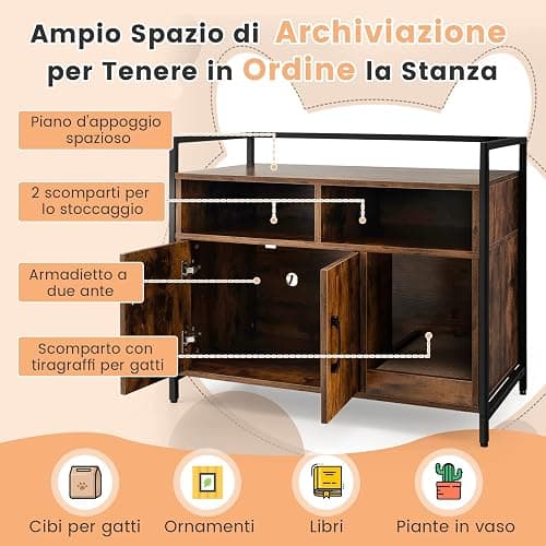COSTWAY Mobile per Lettiera Gatti con Ripiani Aperti e Ripiani Chiusi con Maniglie, Mobiletto Multiuso per Ingresso e Soggiorno, 82,5 x 51 x 51 cm, Portata 50 kg (Marrone) thumbnail 4