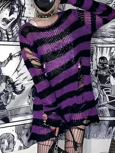 URAWESO Goth Y2K Striped Sweater Ripped Punk Gothic Long Sweaters for Women Harajuku Aesthetic Halloween Pullover Tops thumbnail 6