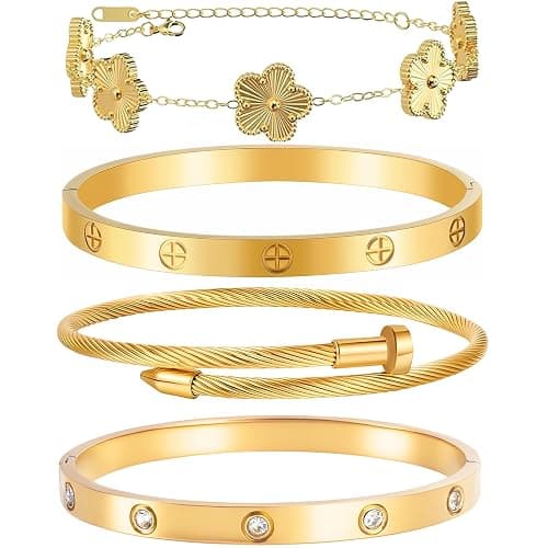 Ntutrxk Gold Bracelets for Women-4Sets/3ets,18K Gold Plated Bracelet,Stainless Steel Bangle Bracelets Non Tarnish, Gold Bracelet Set Trendy Jewelry,Christmas Valentines Birthday Gifts for Girlfriend - Image 1