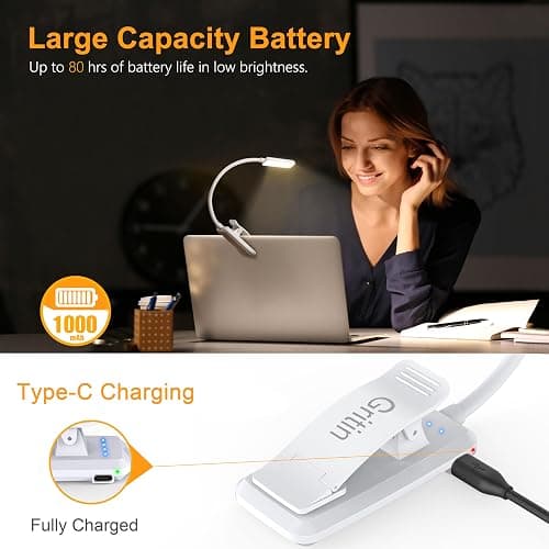 Gritin 9 LED Rechargeable Book Light for Reading in Bed -Eye Caring 3 Color Temperatures,Stepless Dimming Brightness,80 Hrs Runtime Small Lightweight Clip On Book Reading Light for Studying-White thumbnail 4