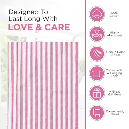 Candy Cottons Stripe Kitchen Towels With Hanging Loop - Boho Absorbent Dish Towels Set of 3 - Festive Gift 18x28 Inch Reusable Pantry Decor - Trendy Spring French Pink thumbnail 8