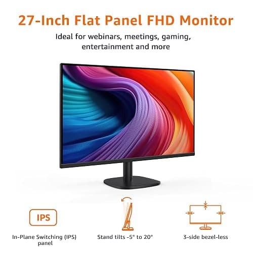 Amazon Basics 27 inch Monitor, FHD 1080P, Max 100Hz, VESA Compatible, Built-in Speakers, Black thumbnail 2