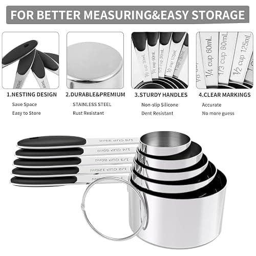 TILUCK Stainless Steel Measuring Cups and Spoons Set with Silicone Handle – Nesting Design for Space-Saving, Heavy Duty & Dishwasher Safe for Dry/Liquid Ingredients, Cooking & Baking (10) thumbnail 6