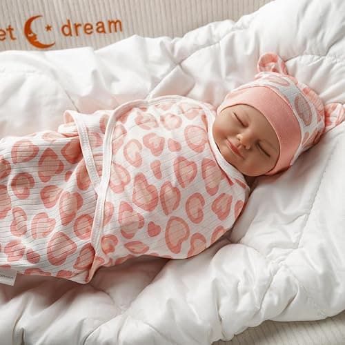 BABESIDE 4 Pcs Reborn Baby Doll Blanket with Doll Accessories Set for 17-24 Inch Babydolls, Heart Patterns Baby Doll Swaddle Blanket with Hat Gloves for Realistic Dolls Girl, Pink thumbnail 7