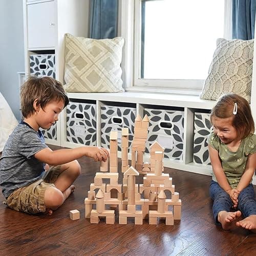 100 Pcs Wooden Blocks for Toddlers 1-3 Building Blocks for Kids - Natural thumbnail 2