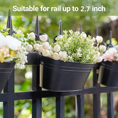 Dahey 10.5 Inch Metal Iron Hanging Flower Pots for Railing Fence Hanging Bucket Pots Countryside Style Window Flower Plant Holder with Detachable Hooks Home Decor,Black,3 Pcs thumbnail 5