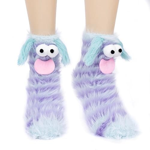 Kephay Coral Velvet Cartoon Monster Funny Socks for Women & Girls, 3D Crazy Novelty Face Winter Warm Thick Socks - Image 1